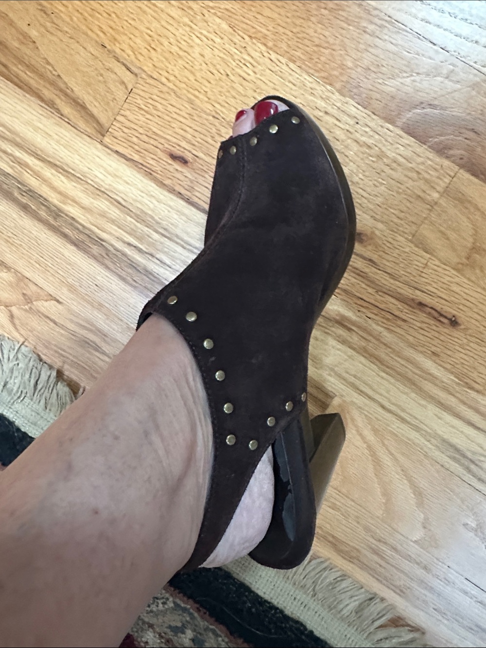 AEROSOLES Brown Suede Studded Peep-Toe Mule Heel
